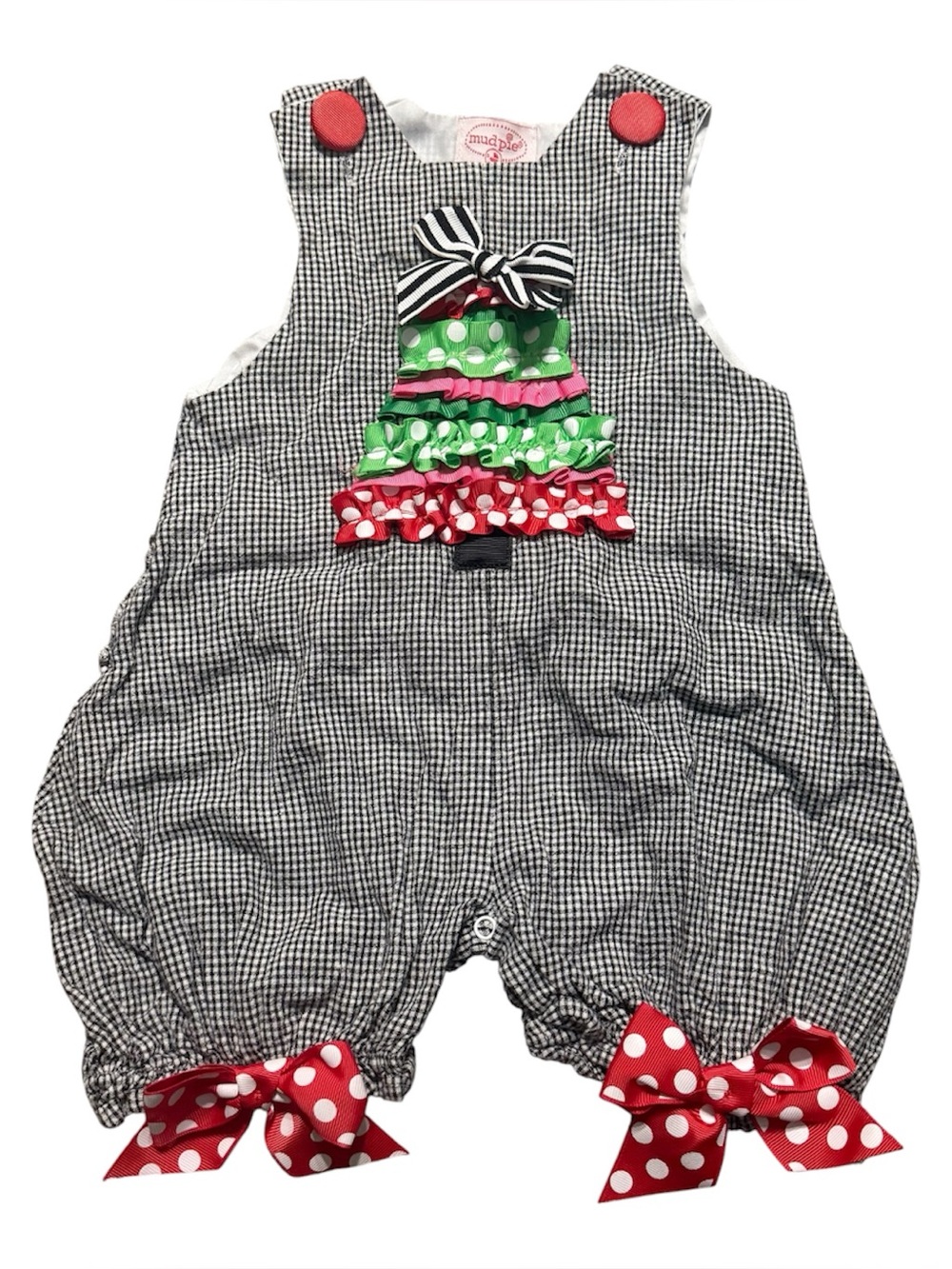 Mud Pie Baby Girl Christmas Layering Romper 0-6M Red Gingham Tree Bow Ruffle